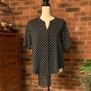 DALIA Women’s Black White Polka Dot Button Up Short Sleeve Top Medium